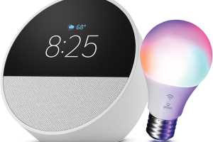 This Echo Spot isn't just 38% off, but also comes with a free smart bulb